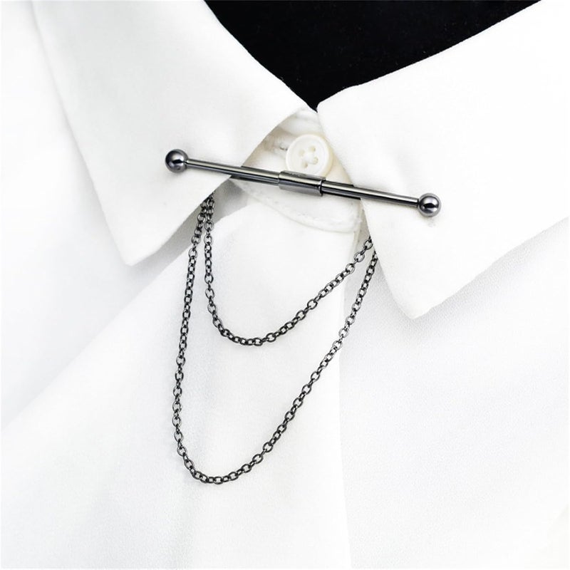 WCRAZYE Men Tie Pins Shirt Collar Pin Double Chains Tassel 18K Gold Silver Black Brass Collar Bar Tie Stick Pin Suit Accessories Wedding Business Gift - Image 2